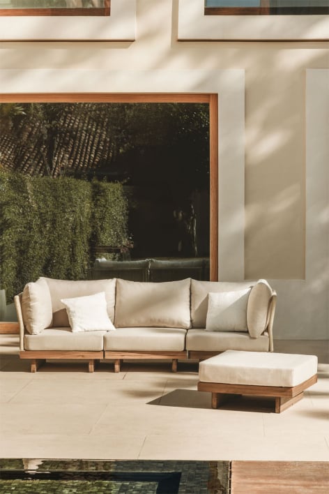 Sofà modulare da giardino a 3 pezzi con 2 poltrone angolari e pouf in legno di acacia Dailin