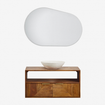 Set Di Mobili Da Bagno In Legno Di Mango Baty Legno Di Mango & Cemento Rotondo Bianco Ø40 Cm Zavion & Ovale Led E Antiappannamento 100x65 Cm - Sklum