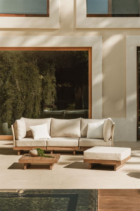 Set di divani modulari Dailin da 3 pezzi con 2 poltrone angolari, tavolino e pouf in legno di acacia