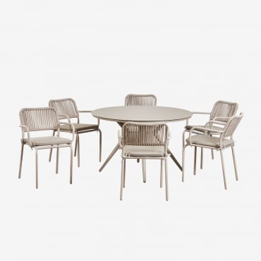 Set Tavolo Rotondo Valerie, Ø125 Cm, E 6 Sedie Da Pranzo Impilabili Con Braccioli In Alluminio Arhiza. Marrone Moka - Sklum