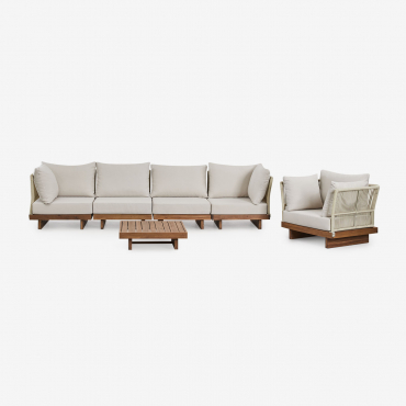 Set Soggiorno Con Divano Componibile 4 Pezzi Con 2 Poltrone Angolari, Tavolino E Poltrona In Legno Di Acacia Dailin Acacia Marrone - Sklum