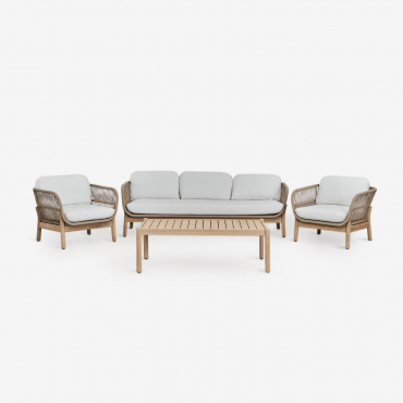 Set Da Giardino Karvia Con Divano 3 Posti, 2 Poltrone E Tavolino In Alluminio E Legno Di Acacia Tessuto Gardenia Bianco - Sklum