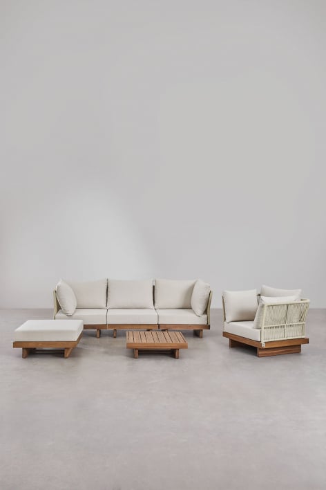 Set soggiorno con divano componibile 3 pezzi con 2 poltrone angolari, tavolino, poltrona e pouf in legno di acacia Dailin