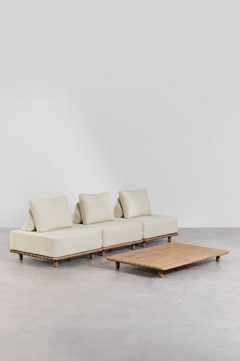 Set da salotto con divano modulare a 3 pezzi e tavolino 160x95 cm in acacia Portet