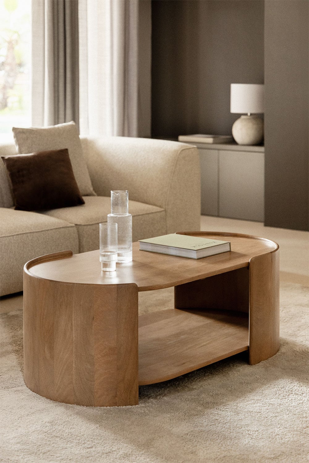 Tavolino basso ovale in legno massello in tono marrone 120x35cm - BLOOM