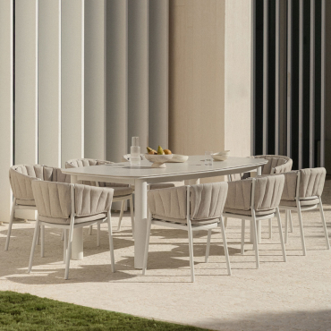 Set Da Tavolo Rettangolare Allungabile 220-280x100 Cm In Ceramica Zinti E 8 Sedie Da Giardino In Alluminio E Tessuto Roderise Tessuto Marrone Sabbia -