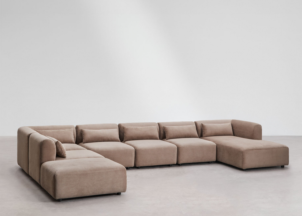 Sofà modulare chaise longue destro a 6 pezzi con pouf Fogler - Velluto a Coste Marrone Camel