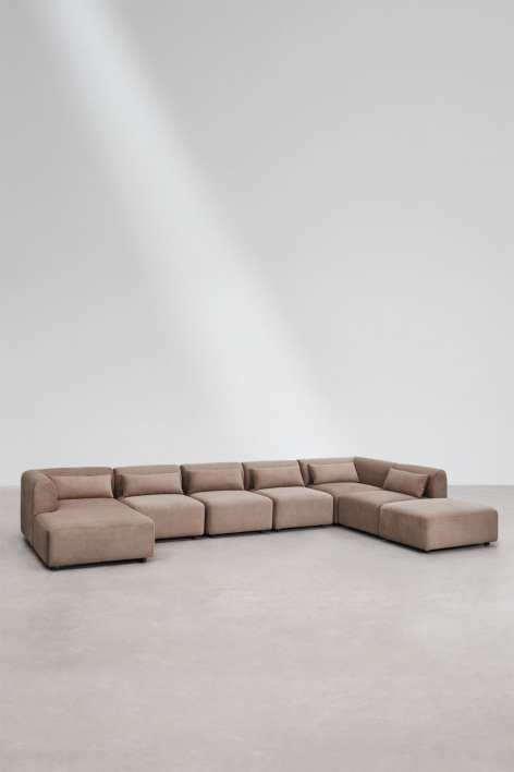 Divano componibile chaise longue sinistra 6 pezzi con pouf Fogler - Velluto a Coste Marrone Camel