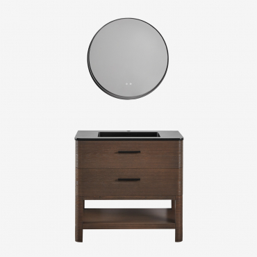 Set Di Mobili Da Bagno In Legno Con Lavabo Integrato Misene Legno Scuro & Tondo Led E Antifog Nero Ø80 Cm Kimacs & Senza Rubinetto - Sklum