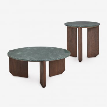 Set Di 2 Tavolini Rotondi In Pietra Naturale E Legno Di Mango Lavinia Marmo Verde & Legno Scuro - Sklum