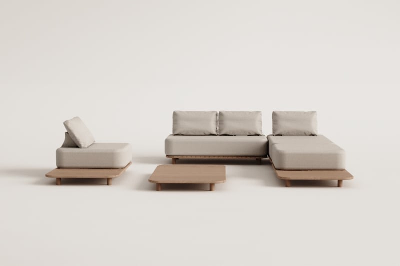 Set da giardino con divano chaise longue modulare 3 pezzi, tavolino, poltrona e tavolino 160x95 cm in acacia Portet