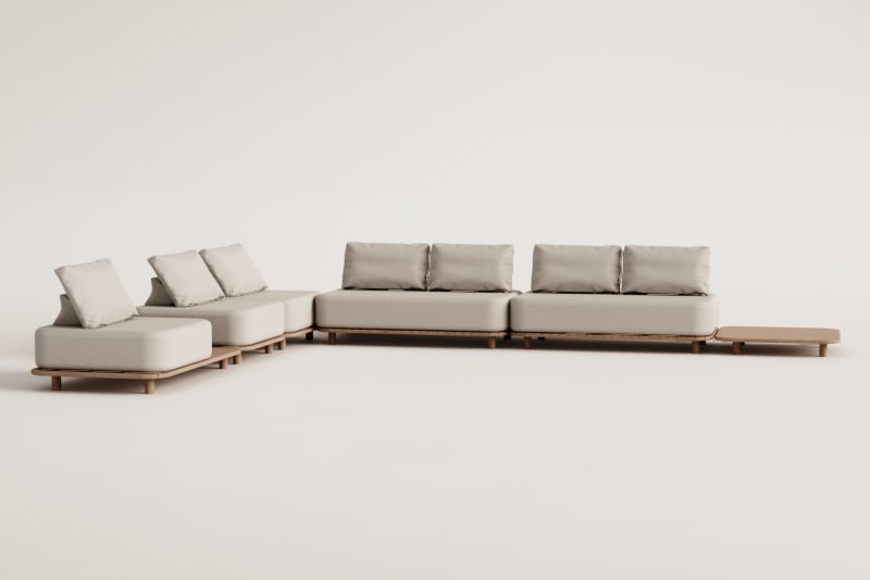 Set da giardino con divano modulare angolare a 5 pezzi con tavolino e tavolino 95x95 cm in acacia Portet