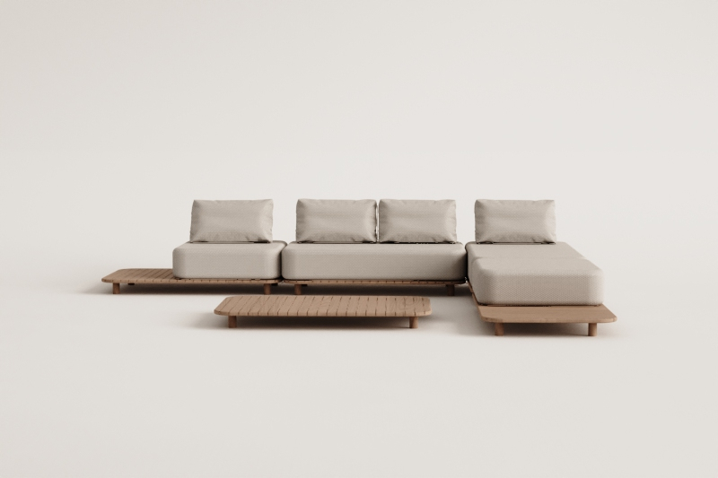 Set da giardino con divano modulare chaise longue a 4 pezzi con tavolino laterale e tavolino da caffè 160x95 cm in acacia Portet