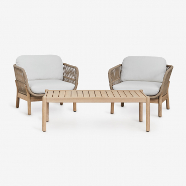 Set Da Giardino Con 2 Poltrone E Tavolino In Legno Di Acacia E Corda Intrecciata Karvia Tessuto Gardenia Bianco - Sklum