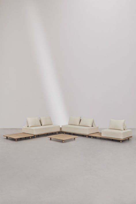 Set da soggiorno con divano angolare componibile a 4 pezzi con tavolino laterale e tavolino da caffè, 95x95 cm, in acacia Portet