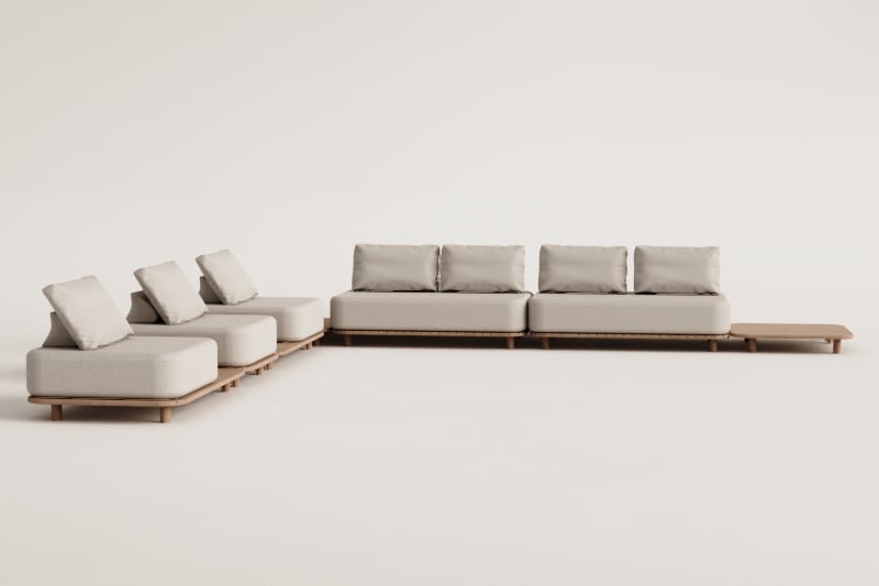 Set da giardino Portet con divano angolare modulare da 5 pezzi e tavolini laterali in acacia