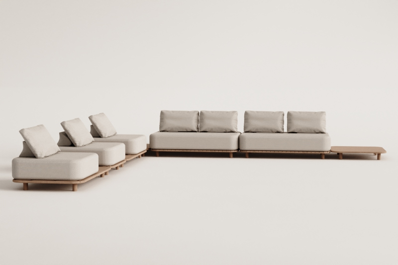 Set da giardino con divano modulare angolare a 5 pezzi con tavolini laterali in acacia Portet
