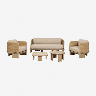 Set Soggiorno Con Divano 3 Posti, 2 Poltrone E 2 Tavolini In Rattan E Legno Di Acacia Famara Acacia Marrone Chiaro - Sklum