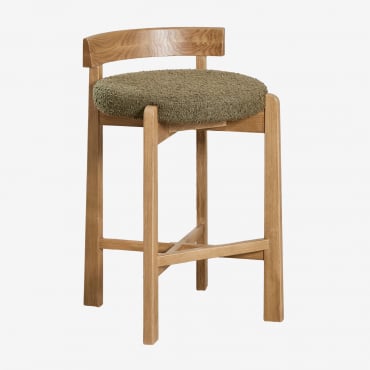 Sgabello Alto In Legno Di Rovere E Rivestimento Manila Legno Naturale & ↑65 Cm & Bouclé Verde Salvia - Sklum