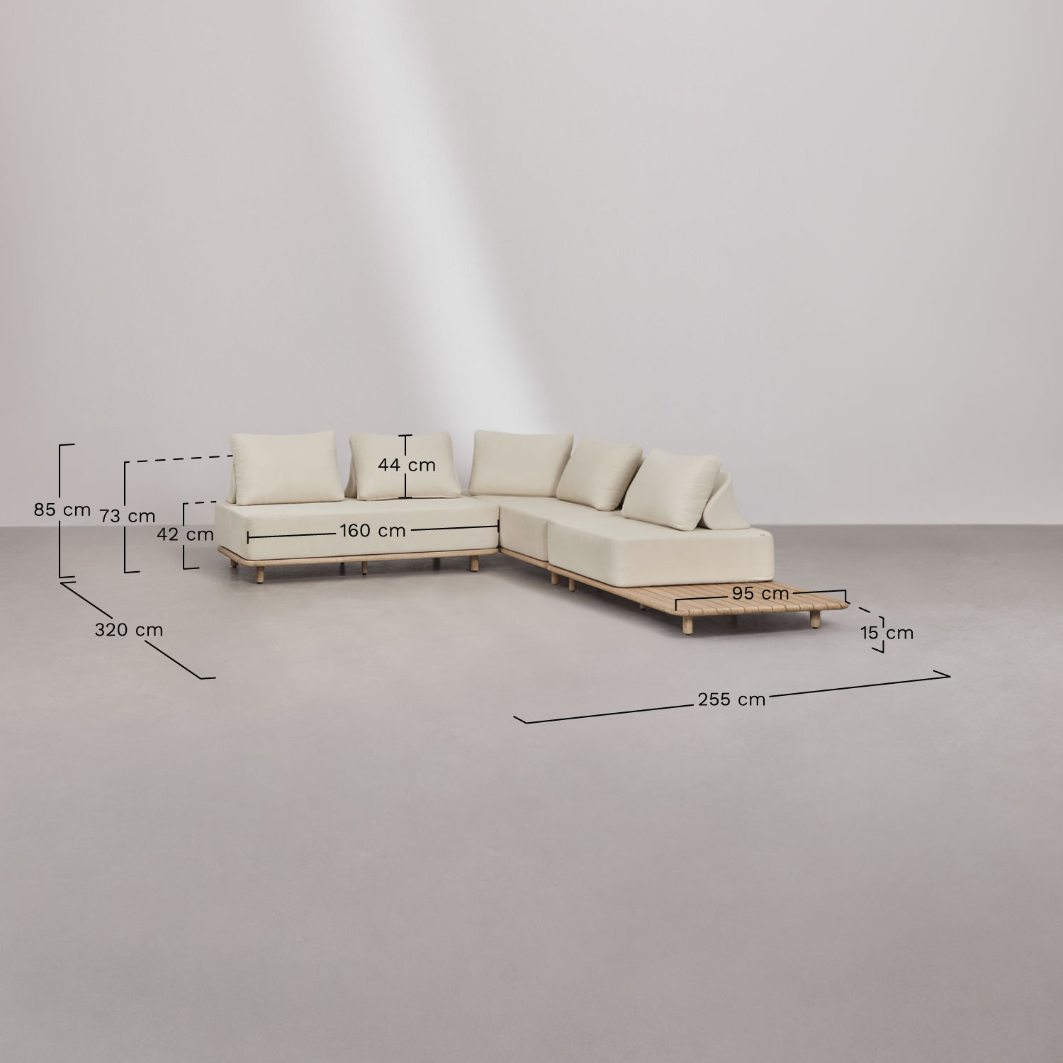 Set da giardino con divano modulare angolare a 3 pezzi con tavolino laterale e tavolino da centro 160x95 cm in acacia Portet, MISURE