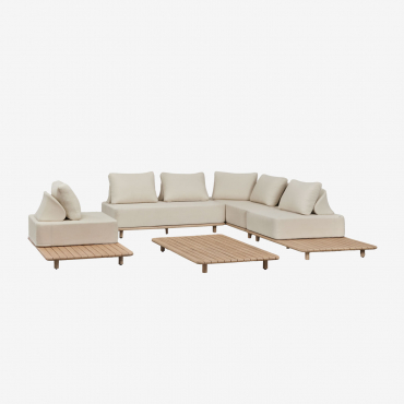 Set Da Soggiorno Con Divano Angolare Modulare A 3 Pezzi, Tavolino Laterale E Tavolino Da Caffè, 160 X 95 Cm, In Acacia Portet. Gardenia Bianco - Sklum