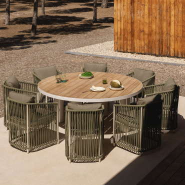 Set Da Tavolo Rotondo Riviera, Ø180 Cm, In Legno Di Teak E Alluminio, E 8 Sedie Da Giardino Sophie In Alluminio E Corda Intrecci Verde - Sklum