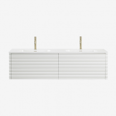 Set Mobili Da Bagno In Legno Noura Con Lavabi Integrati Bianco & Senza Specchio & 2 X Dorato ↑20 Cm Con Valvola Di Scarico Con Troppopieno Orveta -