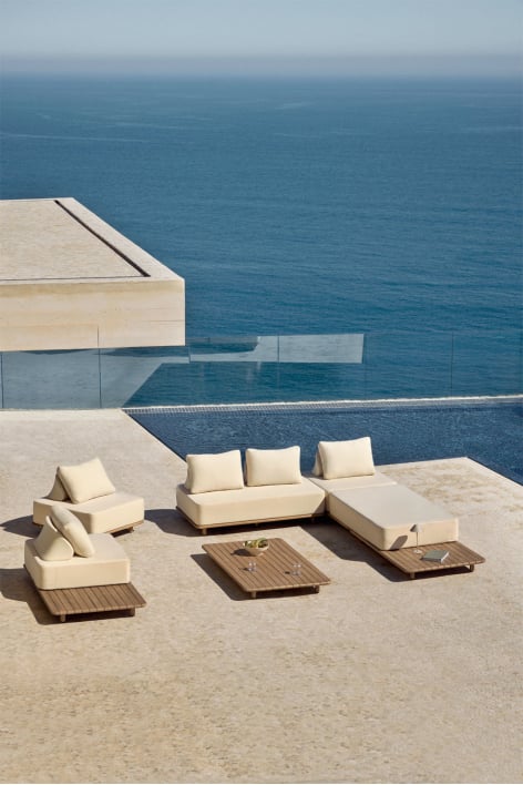 Set da giardino con divano componibile 3 pezzi,chaise longue,tavolino,2 poltrone e tavolino 160x95 cm in legno di acacia Portet