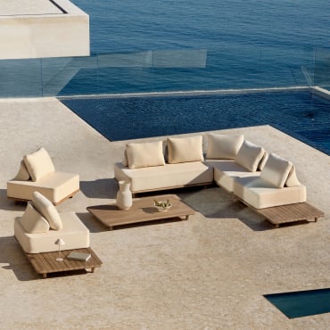 Set Da Giardino Con Divano Angolare Componibile 5 Pezzi Con Tavolino Laterale E Tavolino Basso 160x95 Cm In Acacia Portet Gardenia Bianco - Sklum