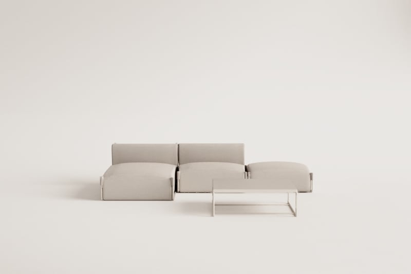 Set da giardino Porto con divano chaise longue modulare da 2 pezzi, pouf e tavolino