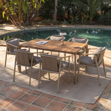 Set Da Tavolo Rettangolare Katiana, 160x90 Cm, In Alluminio E Legno Di Teak, E 6 Sedie Da Giardino Yervin, In Alluminio E Tessut Marrone Moka - Sklum