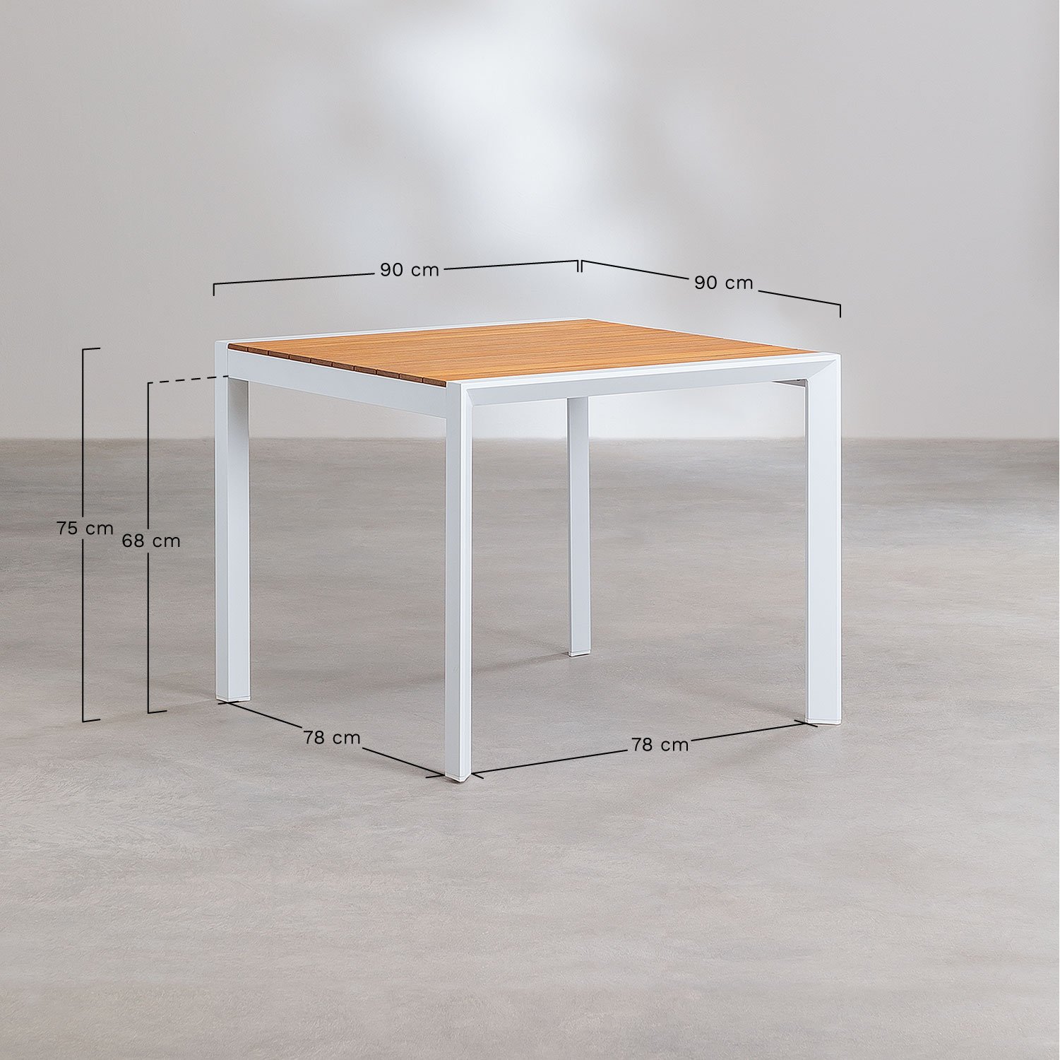 Set da tavolo quadrato 90x90 cm in legno di eucalipto Archer Classic e 4 sedie da giardino impilabili in alluminio Archer, MISURE