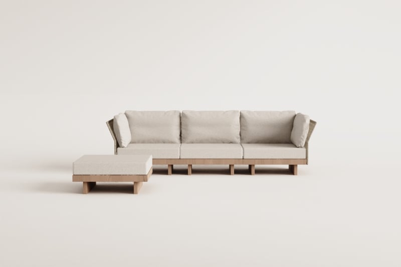 Sofà modulare da giardino a 3 pezzi con 2 poltrone angolari e pouf in legno di acacia Dailin