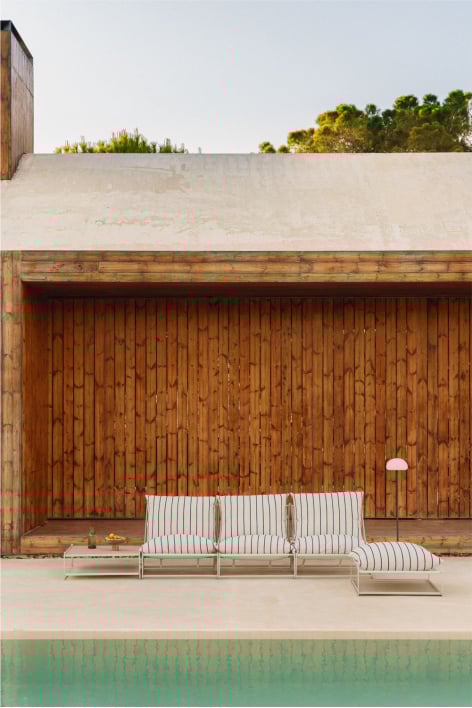 Set da giardino con divano modulare a 3 pezzi, tavolino laterale e pouf convertibili Amaro - Tapioca Beige - Blu Oltremare