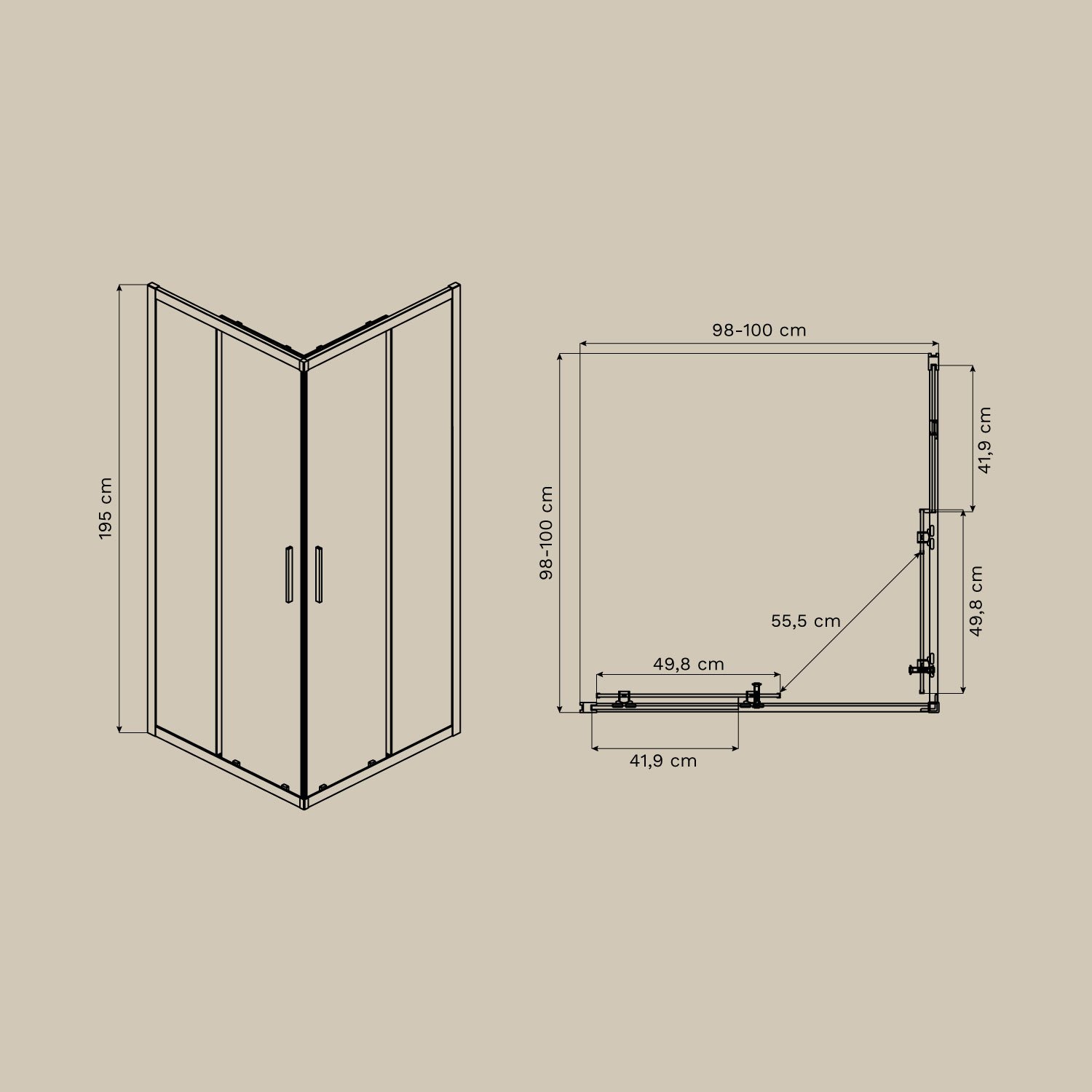Mampara doccia quadrata con porte scorrevoli soft closing, vetro temperato 6 mm e alluminio Brent, MISURE