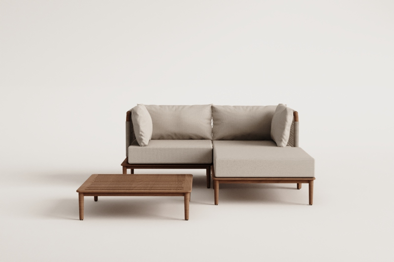Set da salotto con divano modulare a 2 pezzi con 2 poltrone angolari, tavolino da caffè e pouf in acacia Giulia