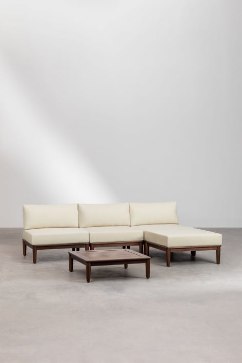 Set da salotto con divano modulare a 3 pezzi, tavolino e pouf in acacia Giulia