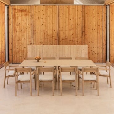 Set Tavolo Rettangolare 240x100 Cm In Cemento Chelsea E 10 Sedie Da Giardino Saira In Legno Di Acacia Con Braccioli Tapioca Beige - Sklum