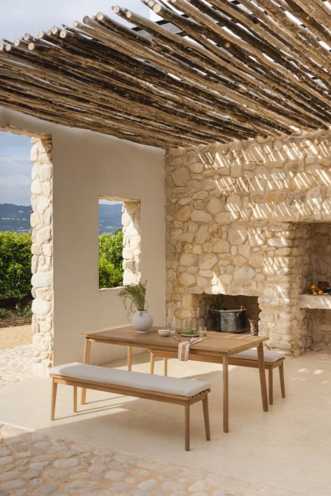 Set da tavolo rettangolare 180x90 cm e 2 panche da giardino in legno di acacia Kaela