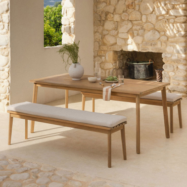 Set Da Tavolo Rettangolare Kaela, 180x90 Cm, E 2 Panche Da Giardino In Legno Di Acacia. Tessuto Gardenia Bianco - Sklum