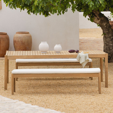 Set Tavolo Rettangolare 220x100 Cm E 2 Panche Da Giardino In Legno Di Acacia Karvia Tessuto Bianco - Sklum