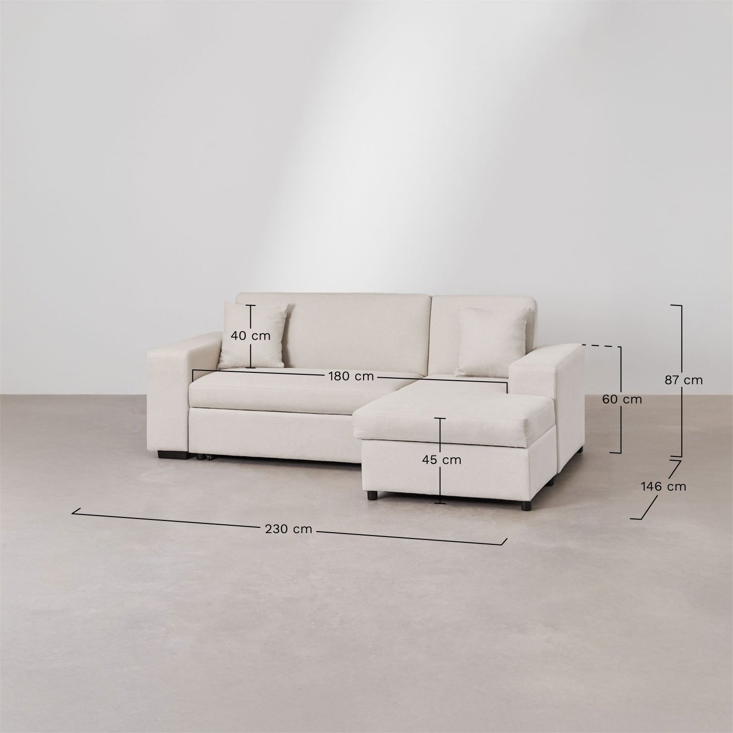 Divano letto con chaise longue destra a 3 posti in tessuto Umay, MISURE