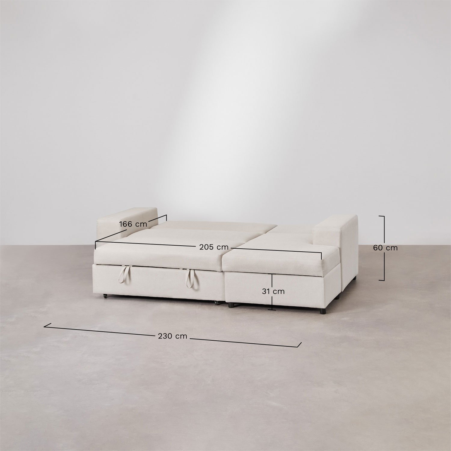 Divano letto con chaise longue destra a 3 posti in tessuto Umay, MISURE