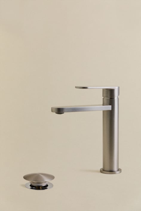 Set rubinetto per lavabo in ottone Alameda e valvola di scarico per lavabo Click-Clack in acciaio inox e ottone Orveta. - Grigio spazzolato