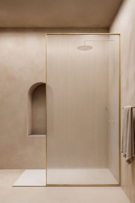 Box doccia fisso 80x195 cm, vetro temperato trasparente cannettato da 5 mm e alluminio dorato spazzolato Trafalgar