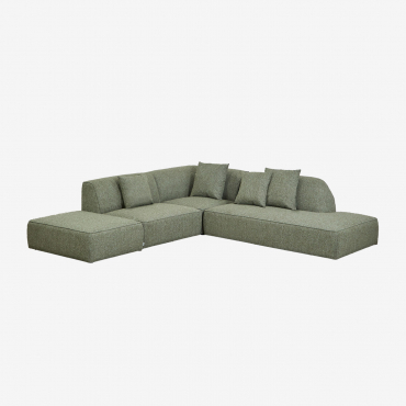Divano Angolare Modulare Cardea A 3 Pezzi Con Chaise Longue Destra E Pouf Imbottito Bouclé Verde Salvia - Sklum