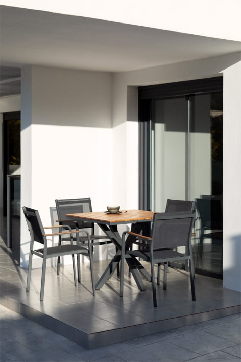 Set da tavolo quadrato 90x90 cm in legno di eucalipto e 4 sedie da giardino impilabili in alluminio Archer