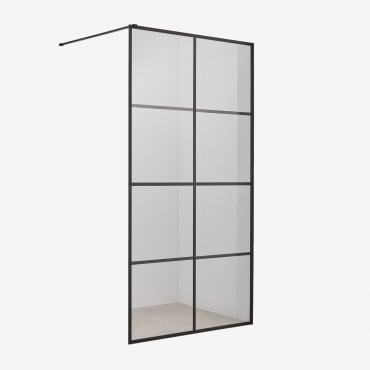 Mampara Doccia Fissa Con Decorazione A Quadri, Vetro Temperato 8 Mm E Alluminio Camden Nero Opaco & Trasparente & 80 X 195 Cm - Sklum