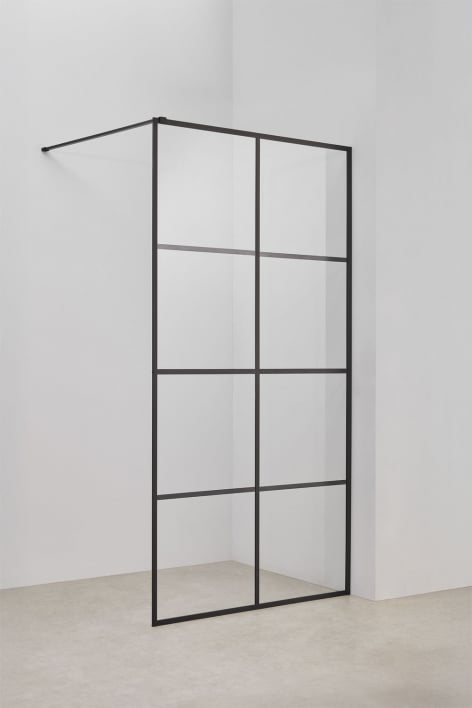 Box doccia fisso 90x195 cm, vetro temperato trasparente con decoro a quadri da 8 mm e alluminio nero opaco Camden