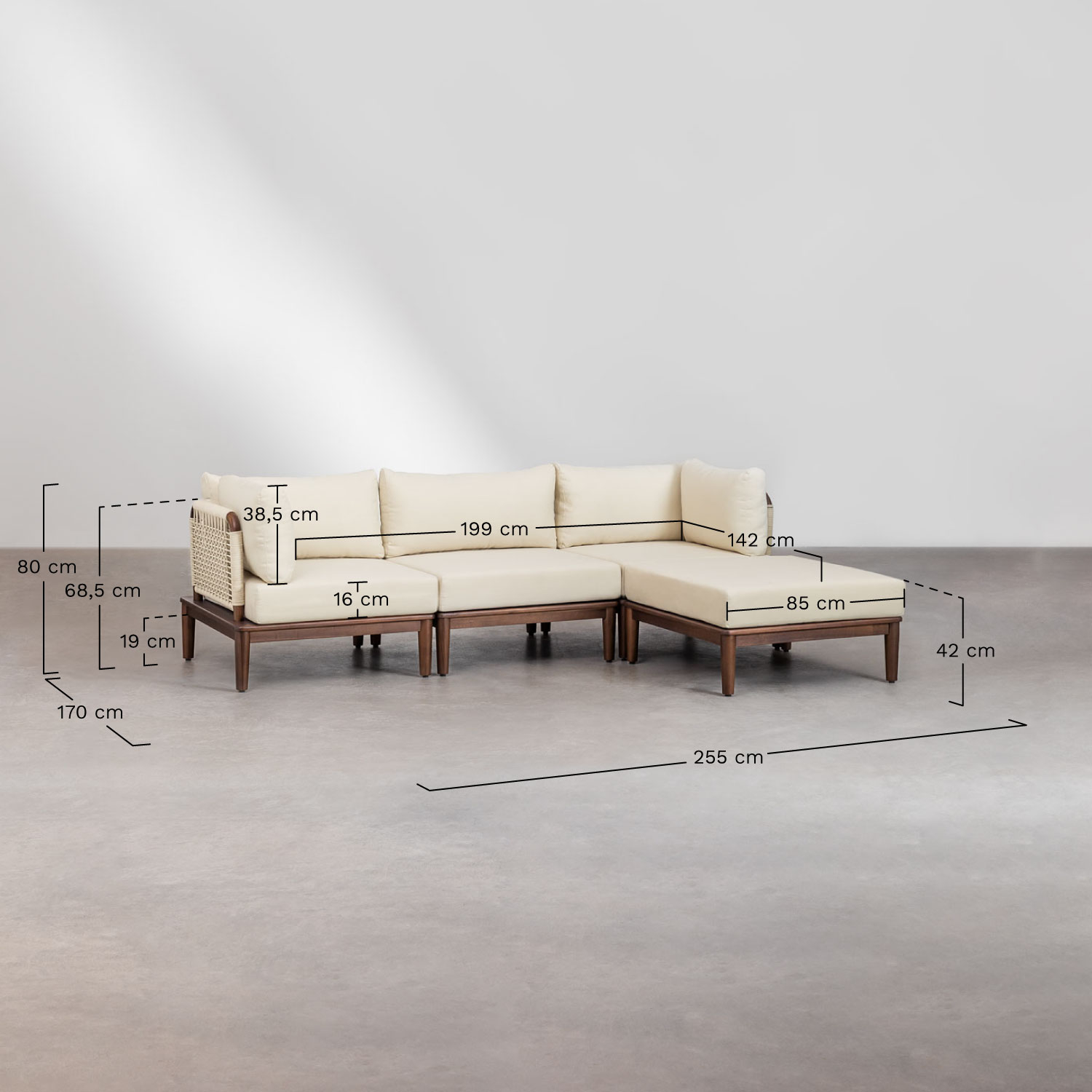 Set da salotto con divano modulare a 3 pezzi con 2 poltrone angolari, pouf e poltrona in acacia Giulia, MISURE